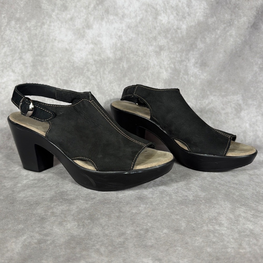 Vtg Munro Black Suede Slingback Open Toe Platform Block Heel Sandals 10N 90s Y2K